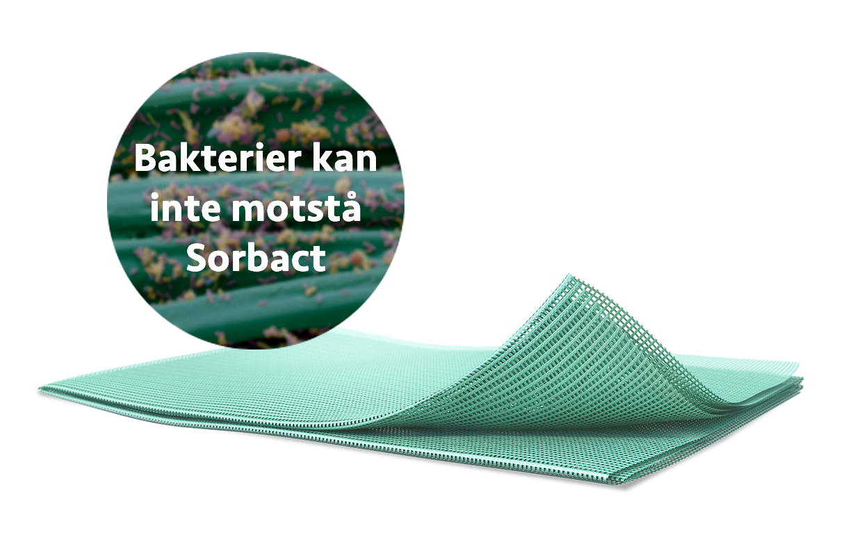 Bild på Sorbact-förband med bakterier i bakgrunden. Text i bild: Bakterier kan inte motstå Sorbact.