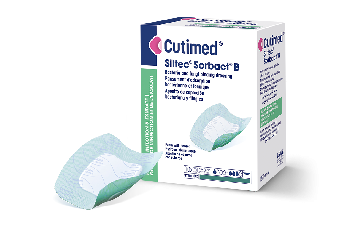 Förpackning av Cutimed Siltec Sorbact B med ett förband bredvid