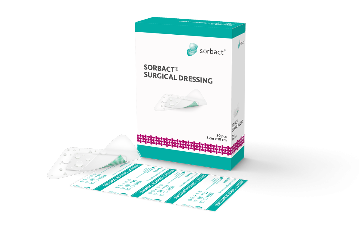 Förpackning av Sorbact Surgical Dressing med ett förband bredvid