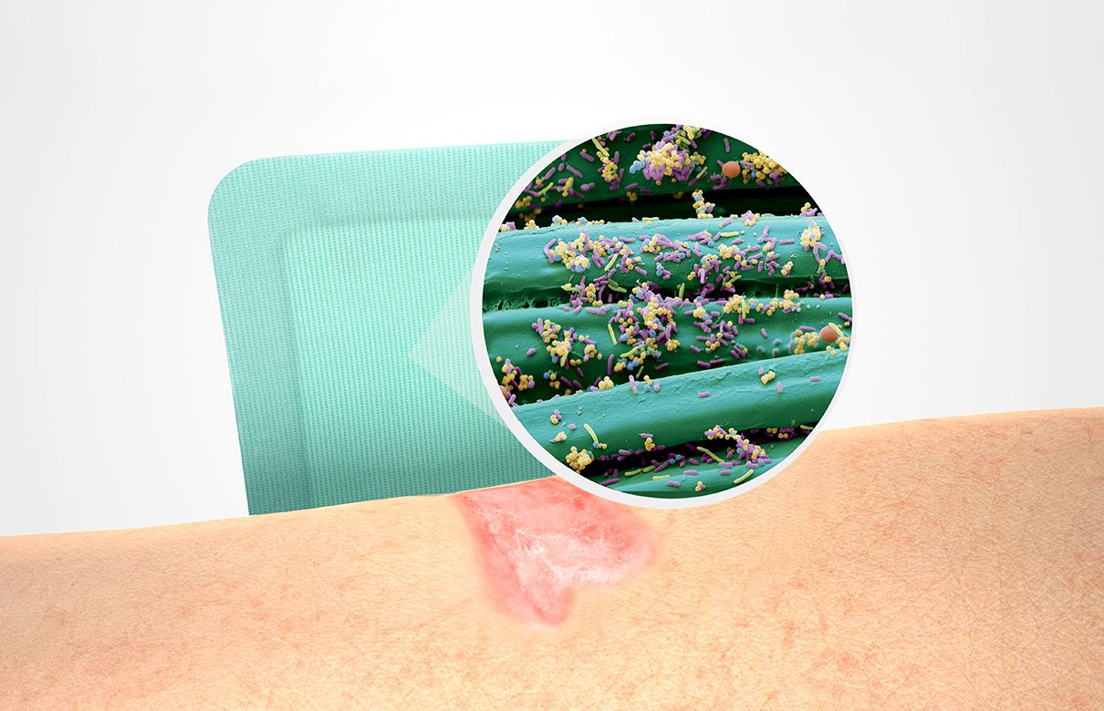 Illustration av Sorbact-förband som binder bakterier till sin yta.