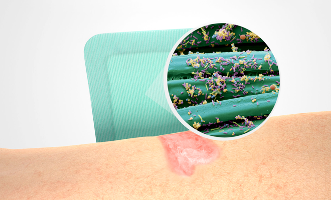illustration showing a wound, Sorbact Superabsorbent and a microscopic image with microbes on a Sorbact surface